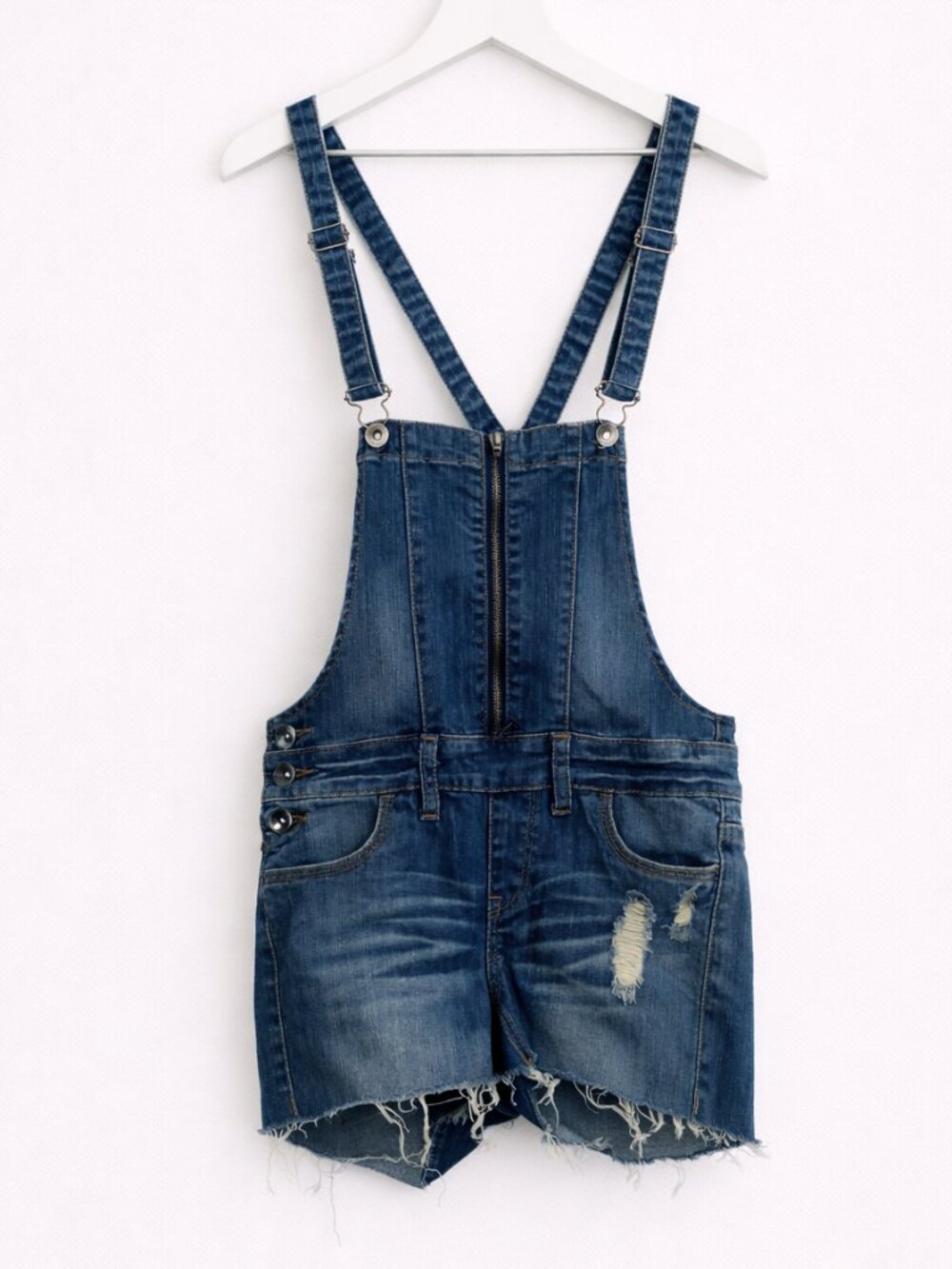 Refuge Distressed Zip Up Dark Denim Short Overalls